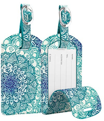 FINTIE 2 Pack Luggage Tags, Leather Name ID Labels with Privacy Cover for Travel Bag Suitcase, Theme - Emerald Illusions