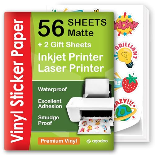 AgoDeo Premium Printable Vinyl Sticker Paper - 56 White Matte Sheets - A4 - Waterproof & Tear Resistant - Compatible with Inkjet, Laser & Cricut