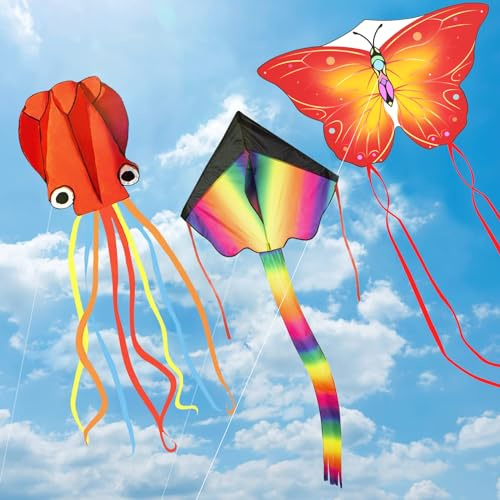 Drachen Kinder ab 3-6, Flugdrachen Steigen Lassen Erwachsene, Kinderdrachen Bunt Delta und Rote Oktopus Winddrachen mit Drachenschnur für Mädchen Jungen