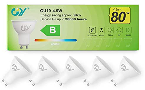 GY Lampadine GU10 LED, 4.9W (equivalenti a 80W), 790 Lumen, 4000K Bianco Neutro, Risparmio Energetico LED GU10, Lunga Durata, Basso Consumo, 120° Angolo del Fascio,Non Dimmerabile, 5 pezzi