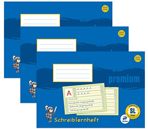 Staufen Premium Schreiblernheft - DIN A4 quer, Lineatur SL mit farbiger Mittelzeile, 16 Blatt, 80g/m² Premium Papier, 3 Stück