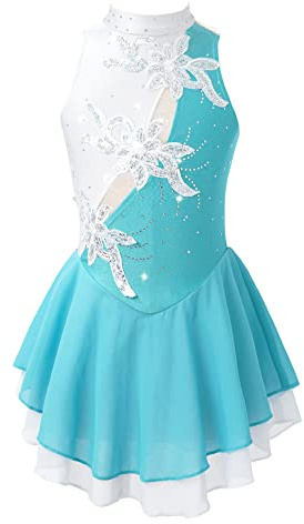 IEFIEL Vestido de Patinaje Artístico para Niña Maillot Ballet con Falda Malla de Gimnasia Rítmica sin Mangas con Lentejuelas Brillantes Vestido de Danza Lírica