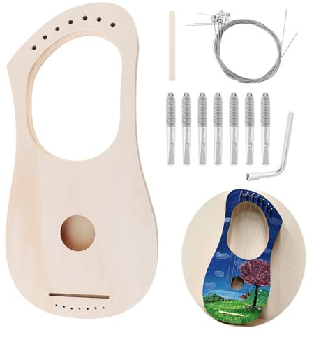 OriGlam KBI_31V Lyre Harp 7 String DIY Kit, Make Your Own Bass Wood, Lyres Wood String Lyre Harp with String Post String Saddle Tuning