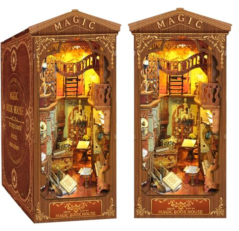 CRIOLPO Book Nook Kit, DIY Dolls house Booknook, Book Nook Miniature Kit for Bookshelf Insert Decor Crafts for Adults Teens, 3D Wooden Puzzle Bookends with Sensor Led Light (Magic Book House)