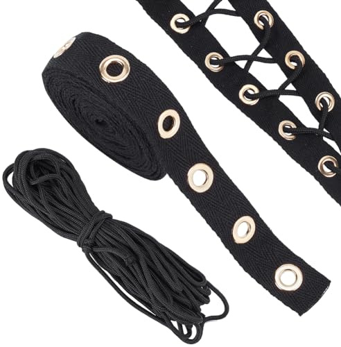 BENECREAT Cinta de Sarga con Ojales de Algodón de 2.7m, Cinta de Sarga con Ojales Negros, con 1 Hilo de Cordón Trenzado de Poliéster Redondo, para Coser Prendas Corsés Camisas Vestidos Chaquetas