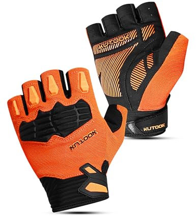 KUTOOK Fahrradhandschuhe MTB Mountainbike Handschuhe Herren Damen Sommer Halbfinger Fingerlos mit 5mm Palm Pad TPR SCR Protect Touch-Screen Atmungsaktiv Stoßdämpfend Orange M