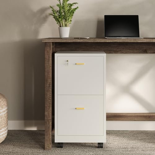 Lavish Home 2 Drawer File Cabinet - Filing Cabinet with Lock - Rolling File Cabinet for Under Desk Storage - Wood Filing Cabinet for Home or Office Organization (White)