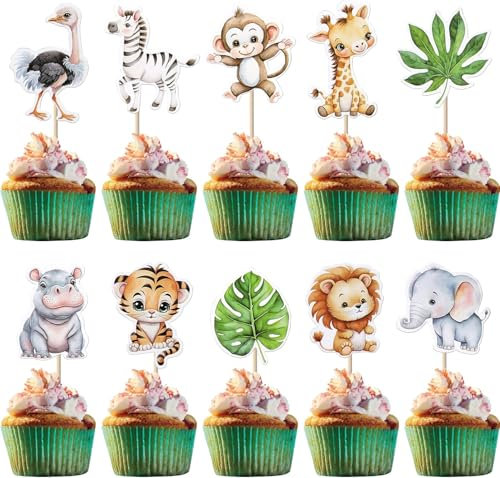 40 Pièces Decoration de Gateau Animaux, Cupcake Topper Animaux, Décoration Gâteau Animaux de La Forêt, Deco Gateau Animaux Jungle, Topper Gateau Animaux pour Anniversaire Enfants, Fête Jungle (A)
