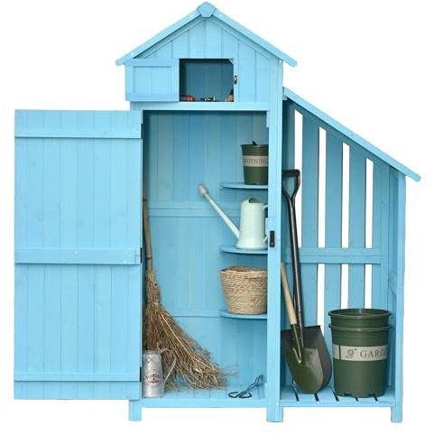 Outsunny Gartenhaus Geräteschuppen mit Brennholzlagerraum Gerätehaus mit Asphaltdach 3 Ablagen Geräteschuppen Tannenholz 130 x 54,5 x 180 cm Himmelblau