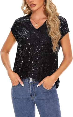 Kyzoeyou Women's Sparkle Sequin Tops Shimmer Glitter V Neck Party Top Short Cap Sleeve (Black L)