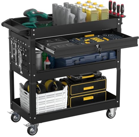 BHKERUZ Werkzeugwagen für Mechaniker auf Rädern, robuster Mehrzweckwagen mit Schubladen, Metall-Arbeitswagen für Garage, Lager und Reparaturwerkstatt,Schwarz