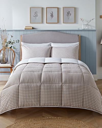 Night Lark Coverless Duvet and Pillowcase Set, Gingham Collection – Coverless Duvet Double 10.5 Tog with Advanced Smartfil® Fibre, Machine Washable, Hypoallergenic – Taupe, Double Bed Size