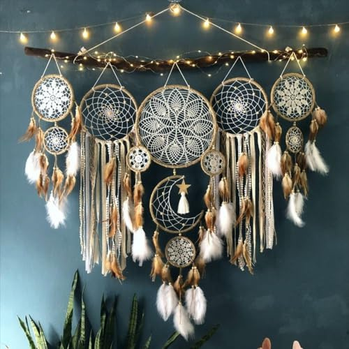 Boho Dreamcatchers - 5 Pack Moon Phase Wall Hanging Decor with Feathers & Beads, Macrame Dream Catcher Set for Bedroom, Living Room, Home, Nursery (Camel)