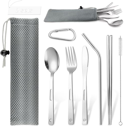 WZYTEU 16 posate da viaggio, in acciaio inox, per esterni, posate da campeggio con borsa per viaggi, campeggio, picnic, scuola e catering