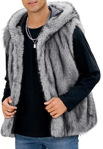 Gihuo Mens Faux Fur Vest Hooed Fur Gilet Sleevless Jacket Winter Warm Hooded Outerwear(BlackGrey-S)