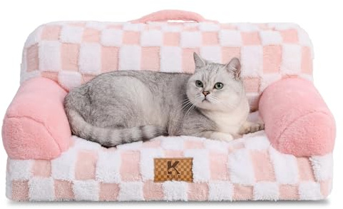 KSIIA Petit Canapé Panier Chien Dehoussable Lavable 66x37 cm, Lit pour Chien Orthopédique, Panier Chat Moelleux Confortable, Base Antidérapante, Canapé pour Chien avec Accoudoirs et Dossier, Rose