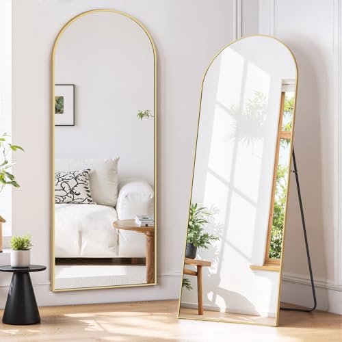 Full Length Mirror 56x15 Full Body Mirror Arched Free Standing Wall Mounted Leaning Floor Mirrors with Stand Aluminum Alloy Frame for Bedroom Cloakroom, Gold