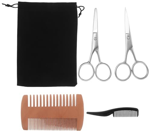 Generico Kit la Cura della Barba da Uomo Forbici Appuntite per Modellare, Pettine Doppia Faccia in Legno Naturale e Pettine Tascabile in Plastica, Set per Rasatura e Toelettatura