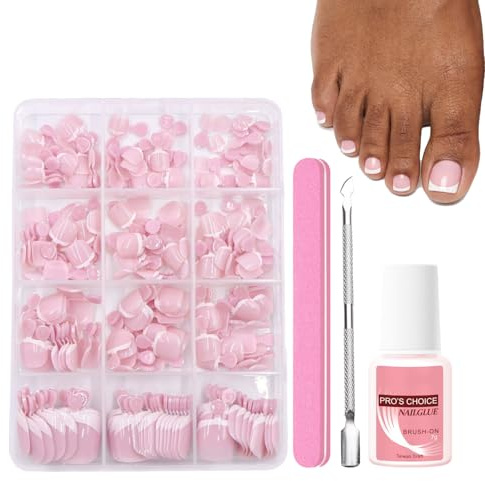 Set di unghie finte, 240 pezzi, kit di unghie finte corte quadrate con colla, punta francese rosa per unghie dei piedi lucide, copertura completa, unghie finte in acrilico, per nail art fai da te