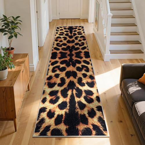 RICAUOU Leopard Print Runner Hallway Rug, 60x120cm Animal Cheetah Long Runner Rug, Wildlife Themed Indoor Rugs, Brown Entrance Kitchen Mat, Non-Slip, Soft, Machine Washable Carpet for Bedroom Bedside