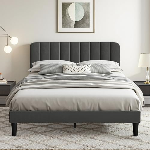 VECELO Upholstered Double Bed Frame with Velvet Headboard, 135 × 190 cm Platform Bed with Wooden Slats Support, Noise Free, No Box Spring Needed, Easy Assembly, Grey