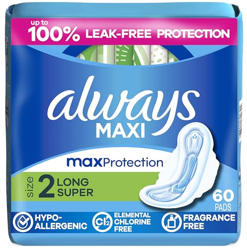 Always Maxi Feminine Pads with Wings for Women, Size 2, Long Super Absorbency, Unscented 60 Count