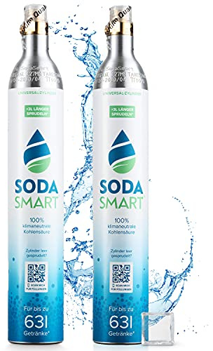 SodaSmart 2X Premium CO2 Zylinder für SodaStream Crystal 2.0, Easy, Aarke uvw. Wassersprudler | Gefüllt mit 425g Kohlensäure +25g extra für mehr als 60l | Kohlendioxid-Zylinder als Reservepack
