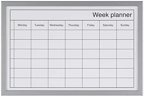KAV Dry Wipe Weekly Planning Board with Pen - Aliminuim Frame Whiteboard for Wall Magnetic Surface Memo Boards, Kitchen Meal Planner, Calendar 400x600 MM(Silver)