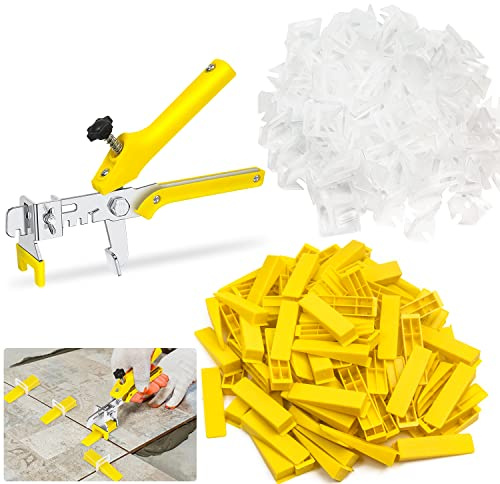 Tile Leveling System 1/8”Kit, 600pcs Tile Leveler Spacers Clips+200pcs Reusable Wedges+1pc Tile Pliers for Wall/Floor Tile Adjustment, Tile Leveler Tool Set for Tile & Stone Installation(1/8,Yellow)