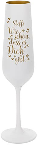 Herz & Heim® Weißes Sektglas mit Gravur/Personalisiert mit Namen Schön, dass es dich gibt