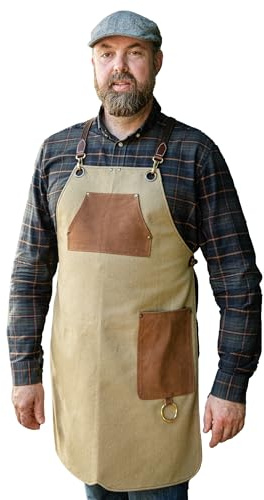 Angus Stoke Grembiule da barbecue in tela di alta qualità e vera pelle – grembiule da cucina variabile con cinghie in pelle di alta qualità – grembiule per cucina, barbecue e barista – Simon, Tela