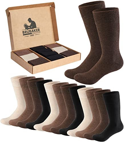 BRUBAKER 10 Paar Herrensocken in Geschenkbox - Komfort & Business Herren Socken - Großes Socken-Set - Feine und weiche Baumwollsocken - Farbmix Schwarz, Braun und Beige - Größe 43-46