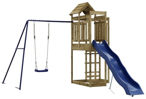 vidaXL Outdoor Playset with Wave Slide and Single Swing Set - Impregnated Pinewood Construction for Backyard Playground - A Shaped Design for Children aged 3-8 years.