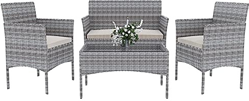 Arreditaly Set Di Mobili da Giardino Salotto Salottino in Rattan 4 Posti con Tavolino E Ripiano In Vetro 2 Poltrone e Divano 2 Posti Per Giardino Esterno Piscina Cuscini Sfoderabili (Grigio)