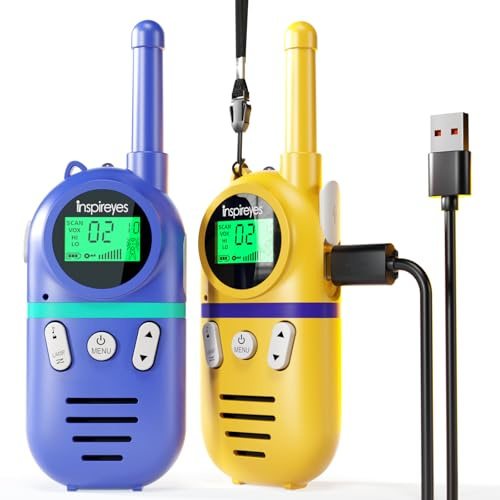 Inspireyes Walkie Talkies Niños Recargables,Regalo Niño Niña,Pack de 2 | 48 h de autonomía, largo alcance, VOX manos libres, linterna, camping, senderismo, regalo de cumpleaños y Navidad