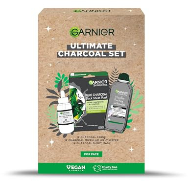 Garnier's Ultimate Charcoal Gift Set for Face, with Serum, Face Mask and Micellar Purifying Jelly Water to Reduce Imperfections, Approved by Cruelty Free International, Vegan