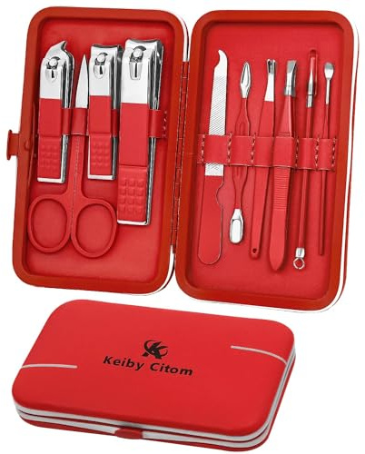 Manicure Set 10pcs Professional Nail Clippers Kit Pedicure Care Tools-Stainless Steel Grooming Tools for Travel (Red)