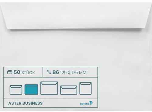 Netuno 50 Umschläge Weiß DIN B6 125 x 175 mm 100g Aster Business Briefumschläge ohne Fenster B6 haftklebend Geschäftsumschläge Premium Papier Umschläge b6 weiß Briefkuverts weiße Briefhüllen elegant