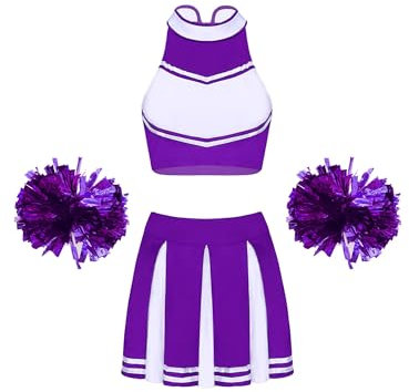 Alvivi Cheer Leader Kostüm Damen Cheerleading Uniform Crop Tops + Rock + Pompoms Schulmädchen Kostüm Halloween Karneval Fasching Verkleidung Lila XXL