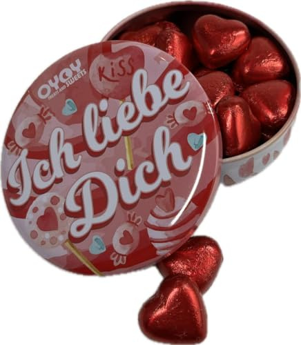 OYOY Ich liebe Dich Geschenkbox gefüllt mit ca. 170g roten Schokoherzen mit Milchcremefüllung I Geschenkset Schokolade ideal für Valentinstag oder Liebesgeschenk I Ich liebe Dich Schokolade