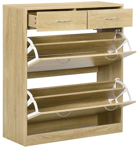 HOMCOM Armario de Zapatos Zapatero de Madera para 12 Pares de Zapatos con 2 Puertas Abatibles y 2 Cajones para Salón Pasillo 80x30x91,5 cm Roble