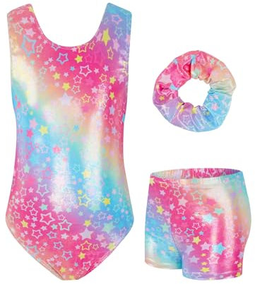 JiAmy Turnanzug Mädchen, Gymnastikanzug Kinder mit Hose Haarband Set, Glänzendes Gymnastik Turnanzug Leotard für 6-7 Jahre Farbige Sterne
