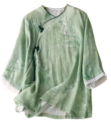 PRINCESS BRIDE Hanfu Summer Hanfu - Blusa Holgada Casual de algodón con Manga 3/4, Cuello en V, Ropa Tradicional China con Botones de Rana China, A11 - S