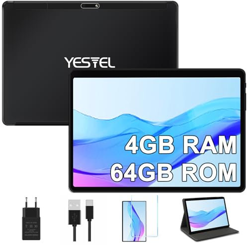 YESTEL Android Tablet mit WiFi, 4GB RAM +64GB ROM(1 TB), 1280x800 HD+ IPS,Bluetooth, 8000mAh, Tablet 10 Zoll mit Abdeckung, Schwarz