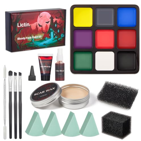 Licitn Maquillaje SFX,Pintura Facial y Corporal de Halloween ,Sangre Falsa Spray y Gel - Paleta de maquillaje facial de 9 colores con cera para cicatrices,maquillaje de payaso con calavera de vampiro
