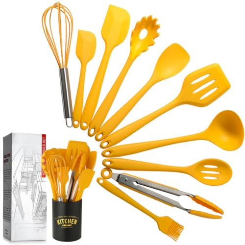 XhWser 11Pcs Cooking Kitchen Utensils Set, Non-Stick Silicone Spatula Set with Iron Utensils Holder (Yellow)