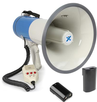 VONYX MEG065 65W Megaphone | Loudhailer Bullhorn megaphone with USBSD MP3, 60s Digital Record, Siren, 2x Rechargeable Battery Packs & USB Charger, Anti-Feedback Mic, 1200m Range.