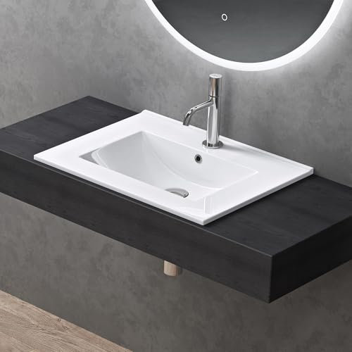 doporro Lavabo de Baño Rectangular Empotrado de Cerámica, 60cm, Blanco Brillante, con Desbordamiento y Orificio para Grifo Brüssel912