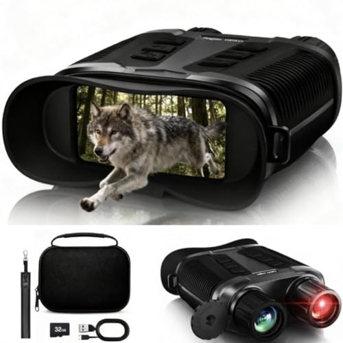 4K Full Colour Night Vision Binoculars for Adults, Long Range Infrared Night Vision Goggles, 8× Digital Zoom, 3.2 Screen, Rechargeable Battery, 32GB Card – for Wildlife Watching, Camping & Security