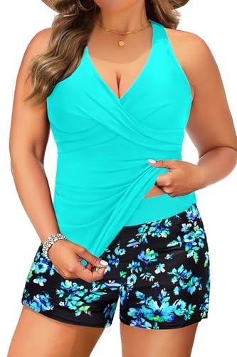 Plus Size Tankini Swimsuit for Women - Two Piece Tummy Control Bathing Suit Tankini Top with Two Pockets Shorts Aqua and Floral 18 Plus
